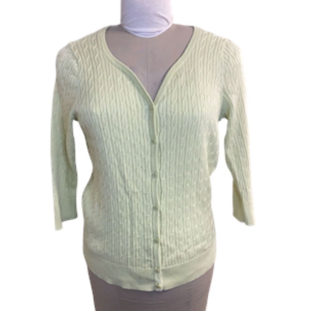 Talbots Pima Cotton Cable Knit Cardigan Lt. Green Sz. L 3/4 Sleeves Packable